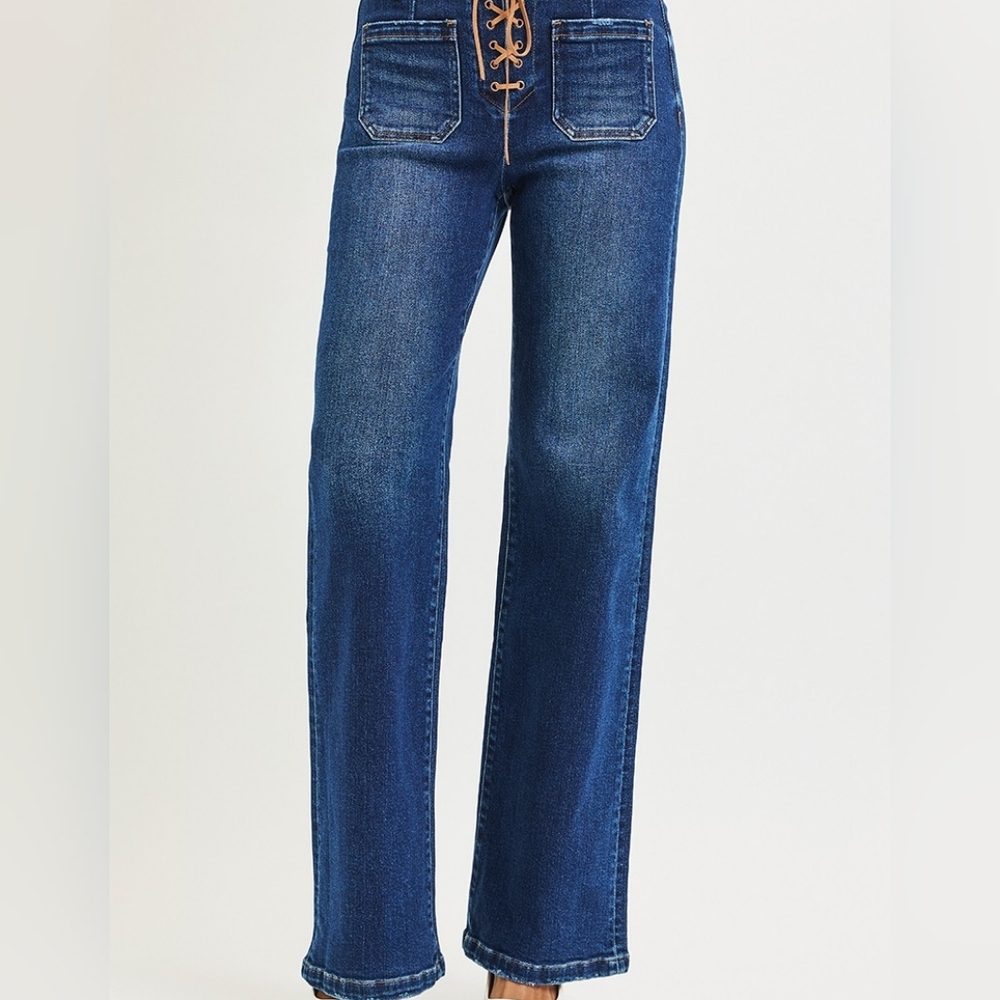 Women's Blue Wide Leg Front Tie Detail Jeans - Picture 10 of 10
